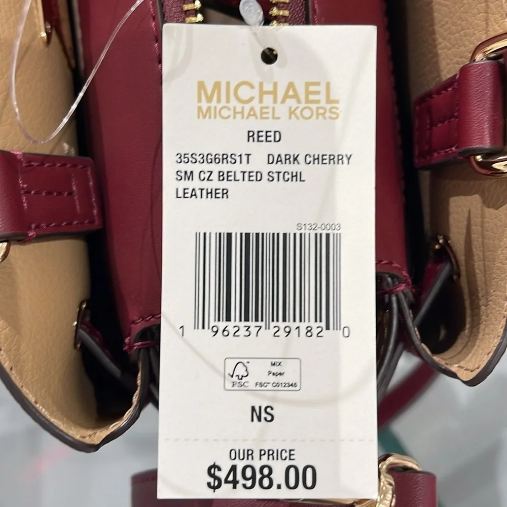 Michael Kors Reed Small Dark Cherry Leather Center Zip Belted Satchel Purse  NWT